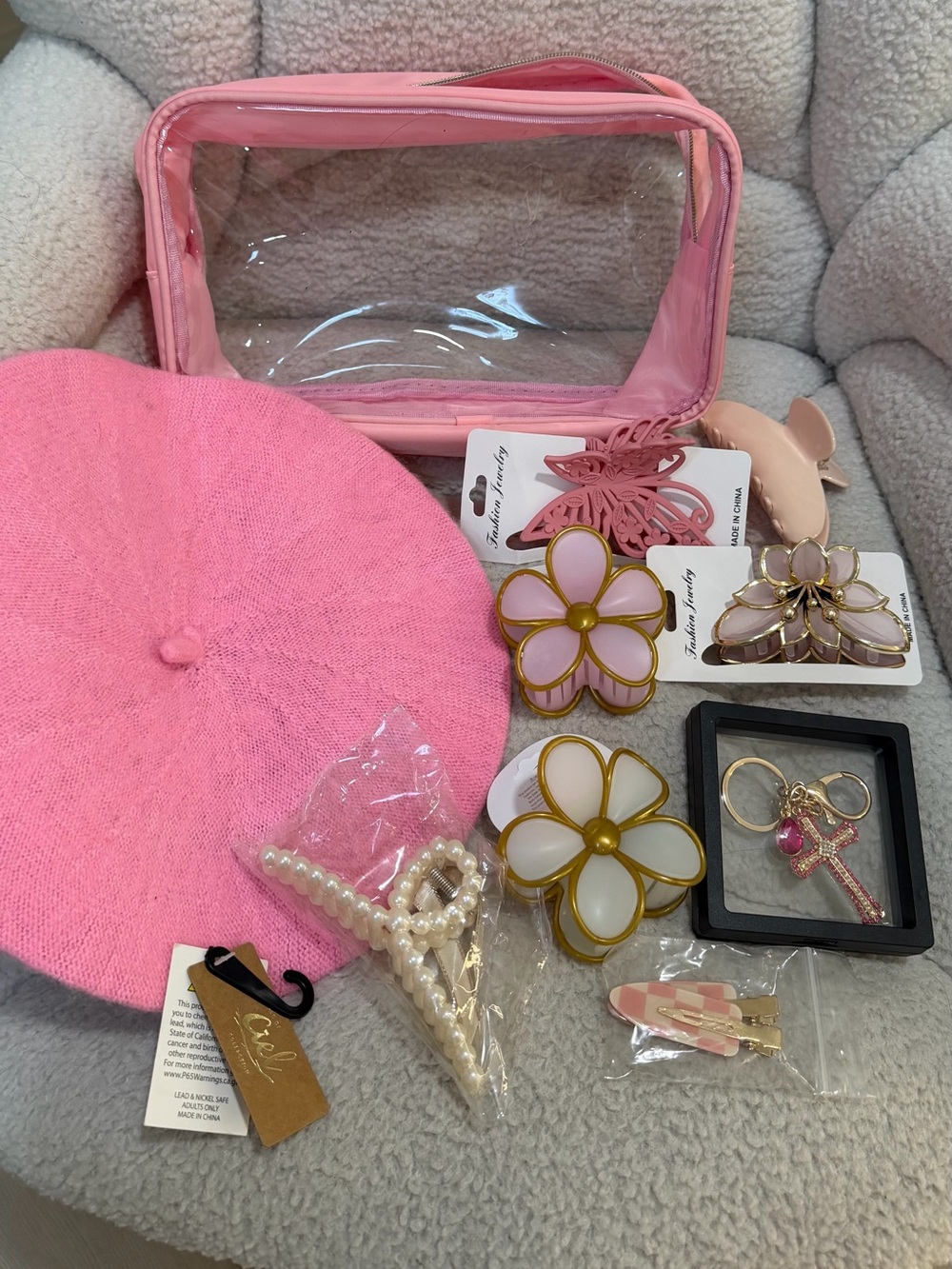 Clear Pink Cosmetic Bag with Accessories BUNDLE